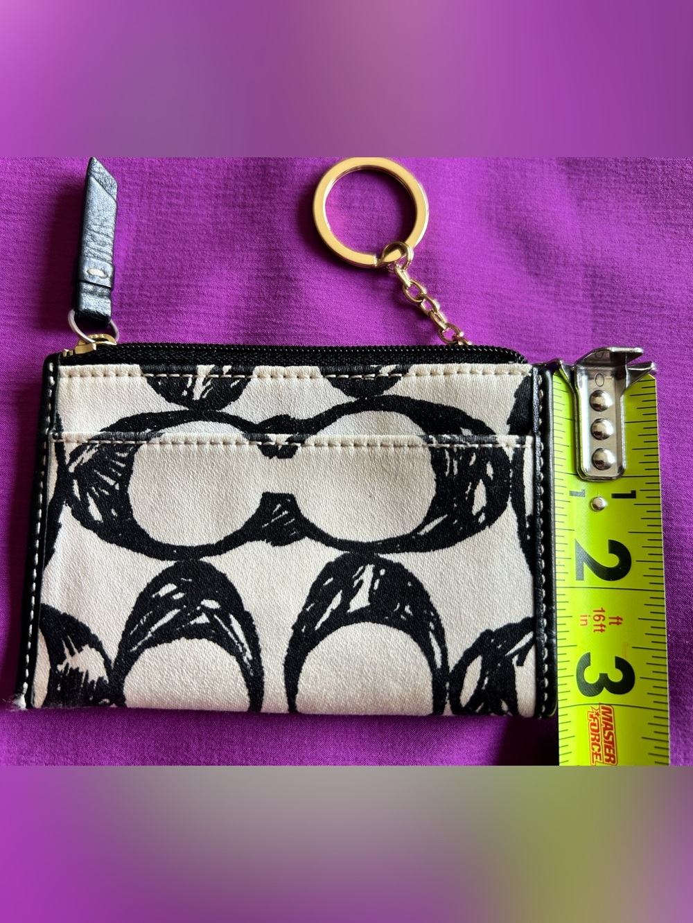 Coach Signature Scribble Print Card & Coin Holder Black and Ivory Gold Key Ring - Picture 5 of 11